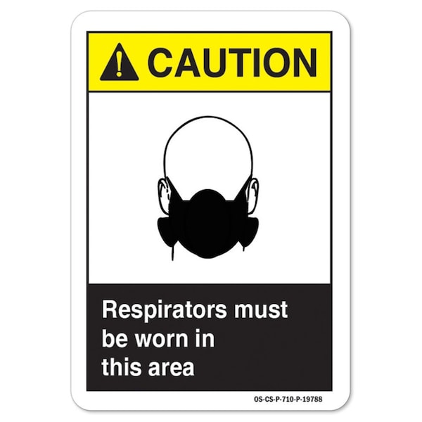 ANSI Caution Sign, Respirators Must Be Worn In This Area, 18in X 12in Decal, 12" H, 18" W, Landscape